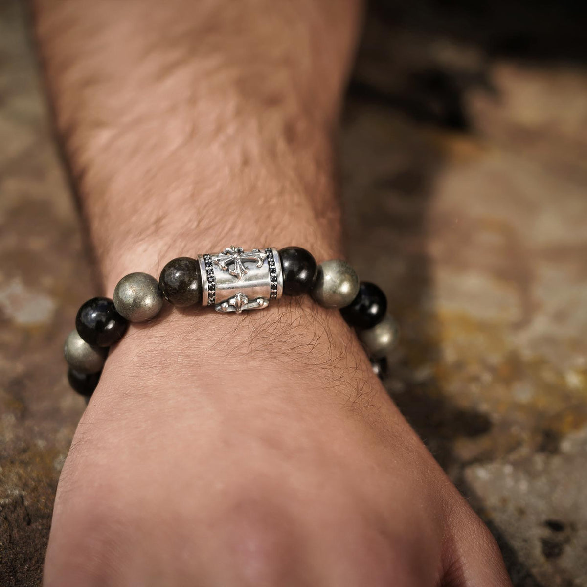 Bracelet Cross Pyrite Obsidian
