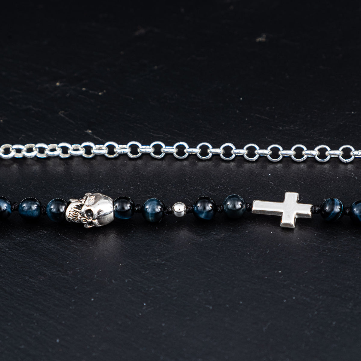 Kette Totenkopf Kreuz Tigerauge blau