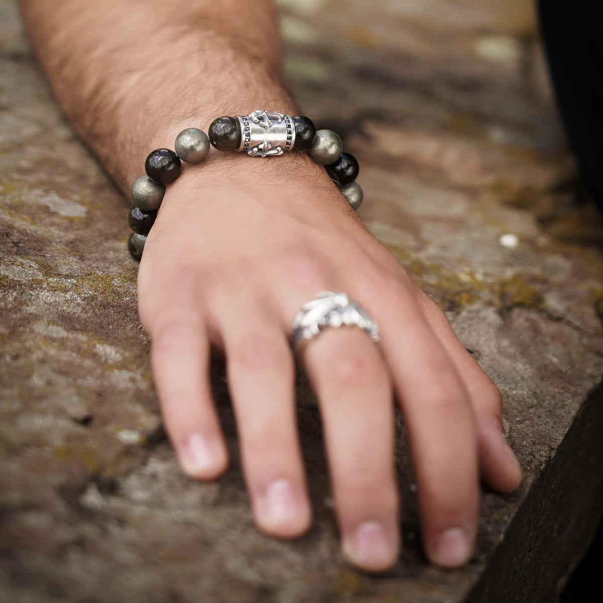 Bracelet Cross Pyrite Obsidian 