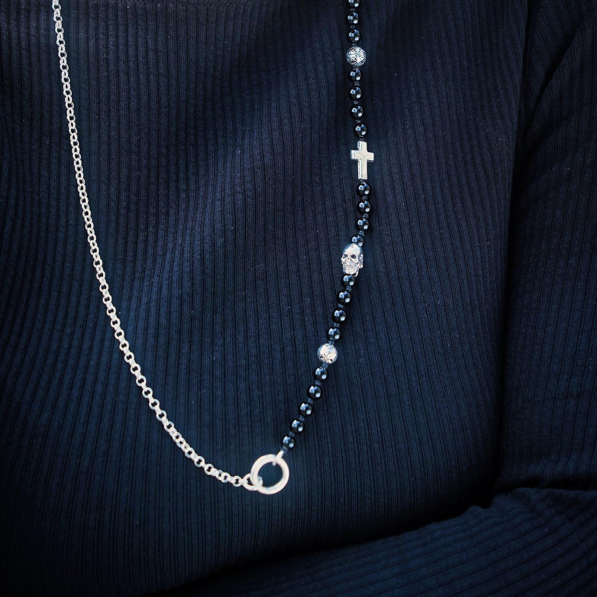 Kette Totenkopf Kreuz Onyx